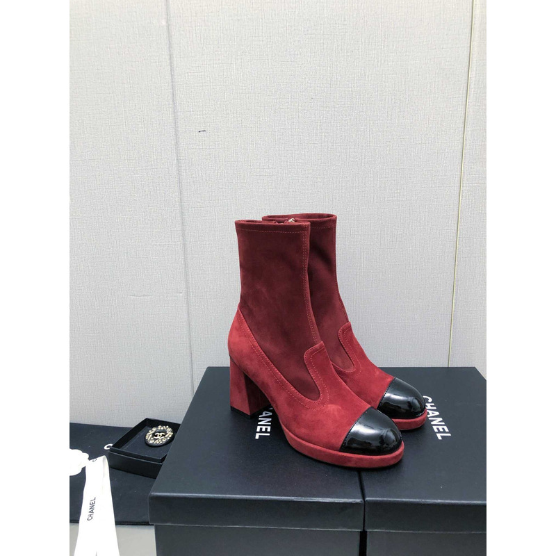 Ch*el short boots suede and patent calfskin red