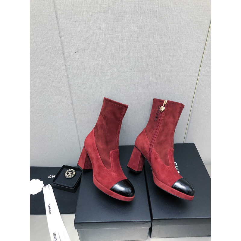 Ch*el short boots suede and patent calfskin red