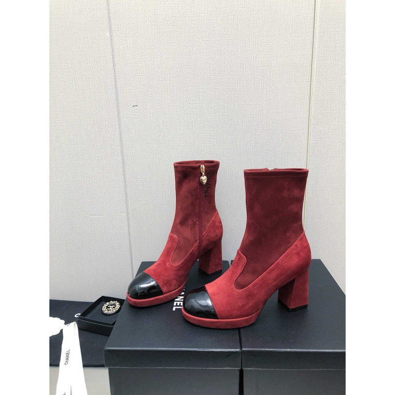 Ch*el short boots suede and patent calfskin red