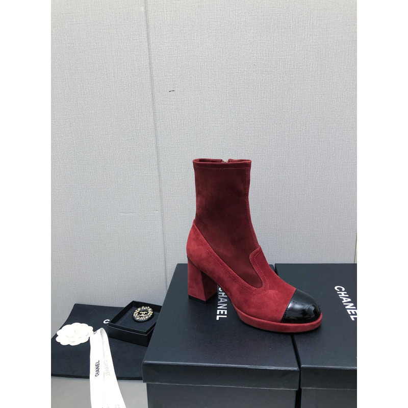 Ch*el short boots suede and patent calfskin red