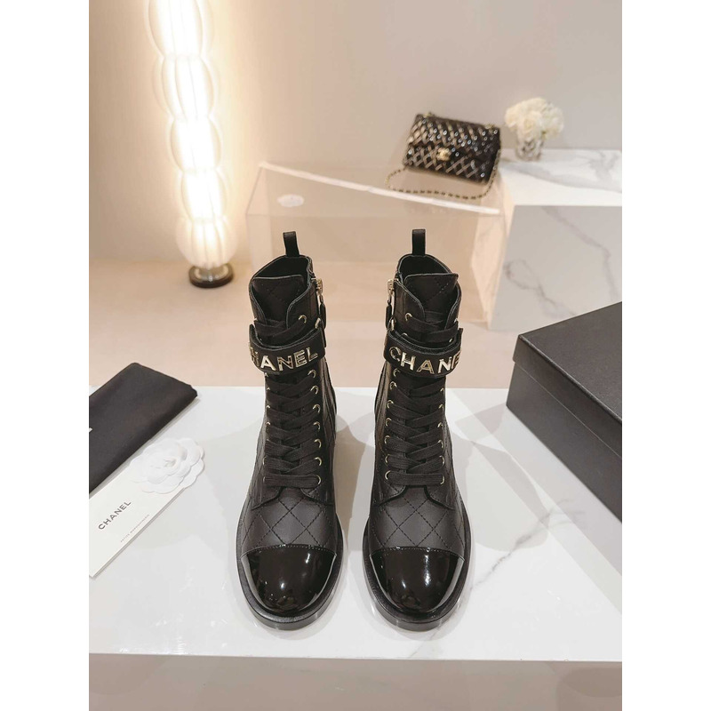 Ch*el military boots lambskin patent calfskin black