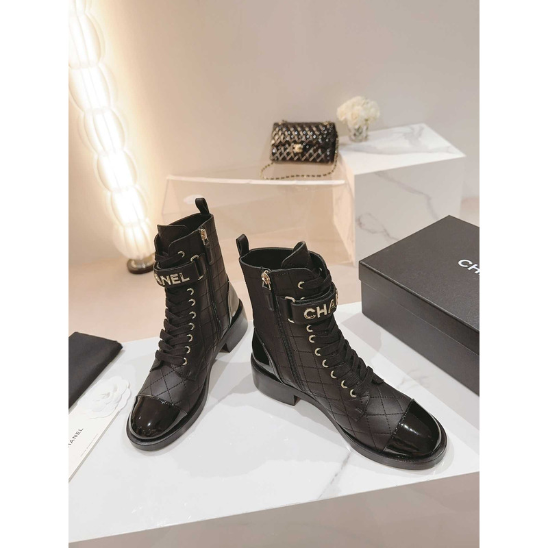 Ch*el military boots lambskin patent calfskin black