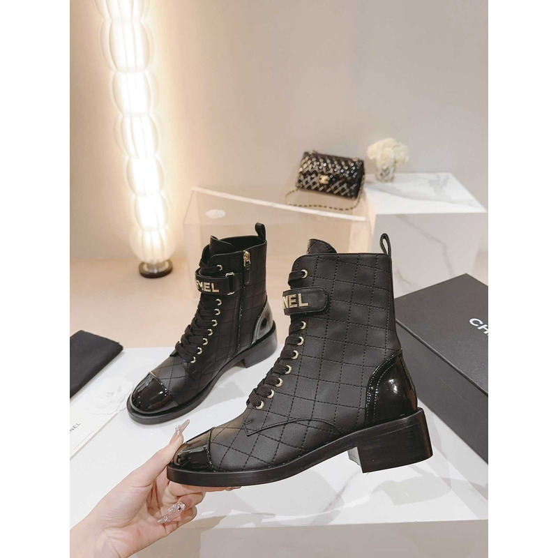 Ch*el military boots lambskin patent calfskin black