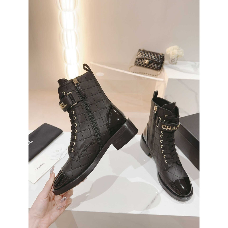 Ch*el military boots lambskin patent calfskin black