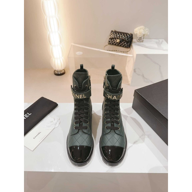 Ch*el military boots patent calfskin and lambskin green