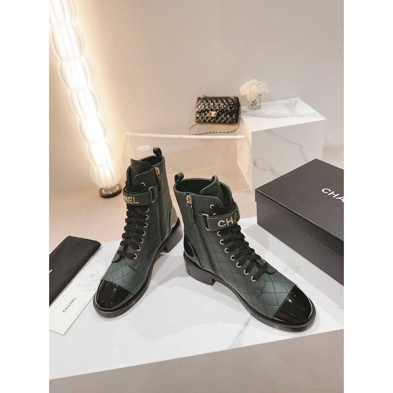 Ch*el military boots patent calfskin and lambskin green