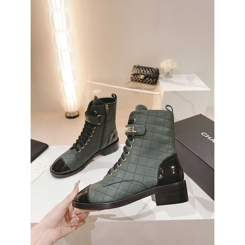 Ch*el military boots patent calfskin and lambskin green