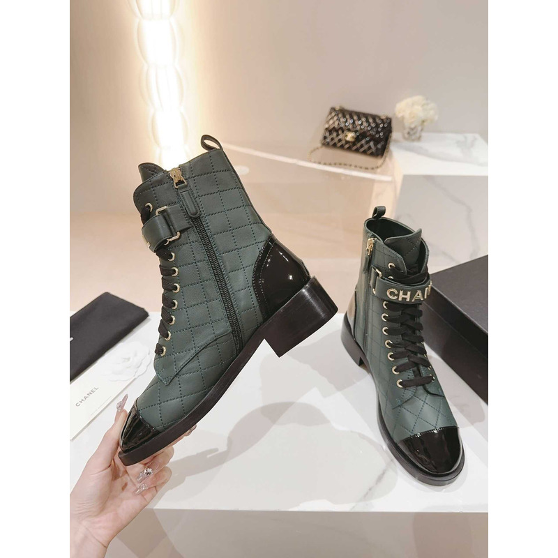 Ch*el military boots patent calfskin and lambskin green