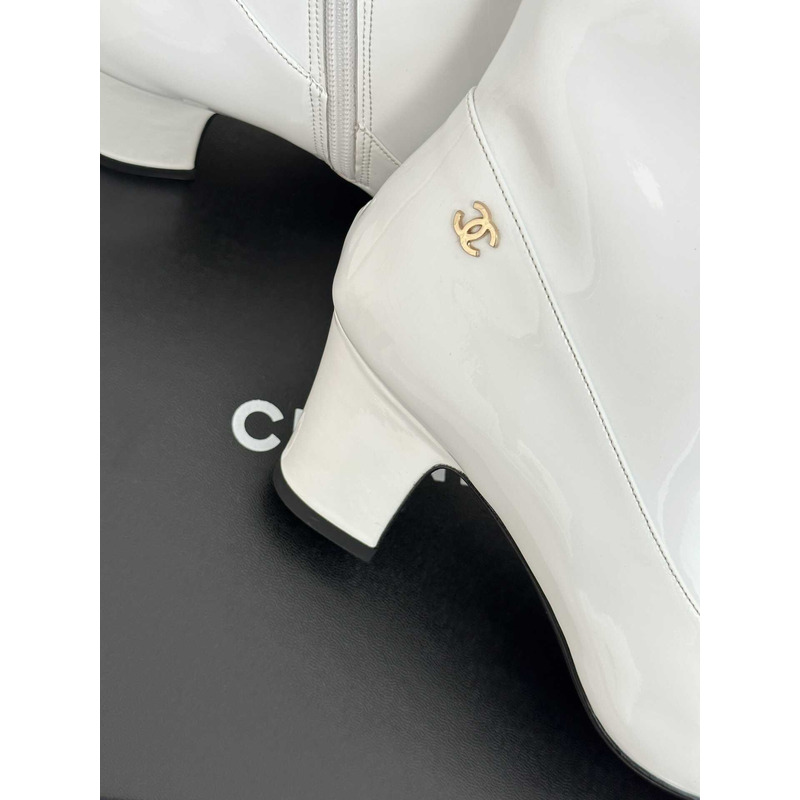 Ch*el short boots patent calfskin white and black