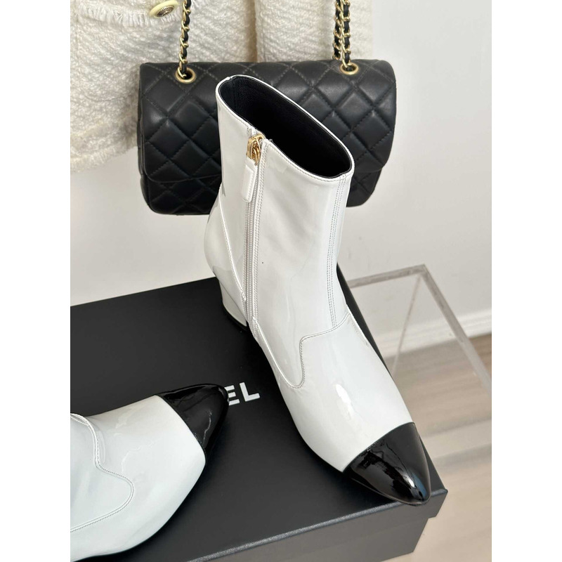 Ch*el short boots patent calfskin white and black