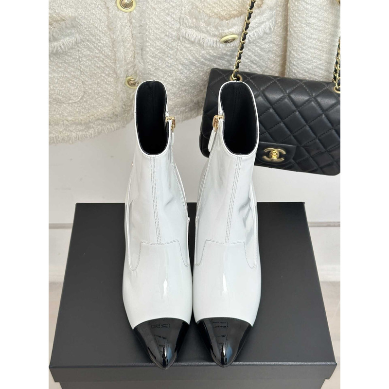 Ch*el short boots patent calfskin white and black