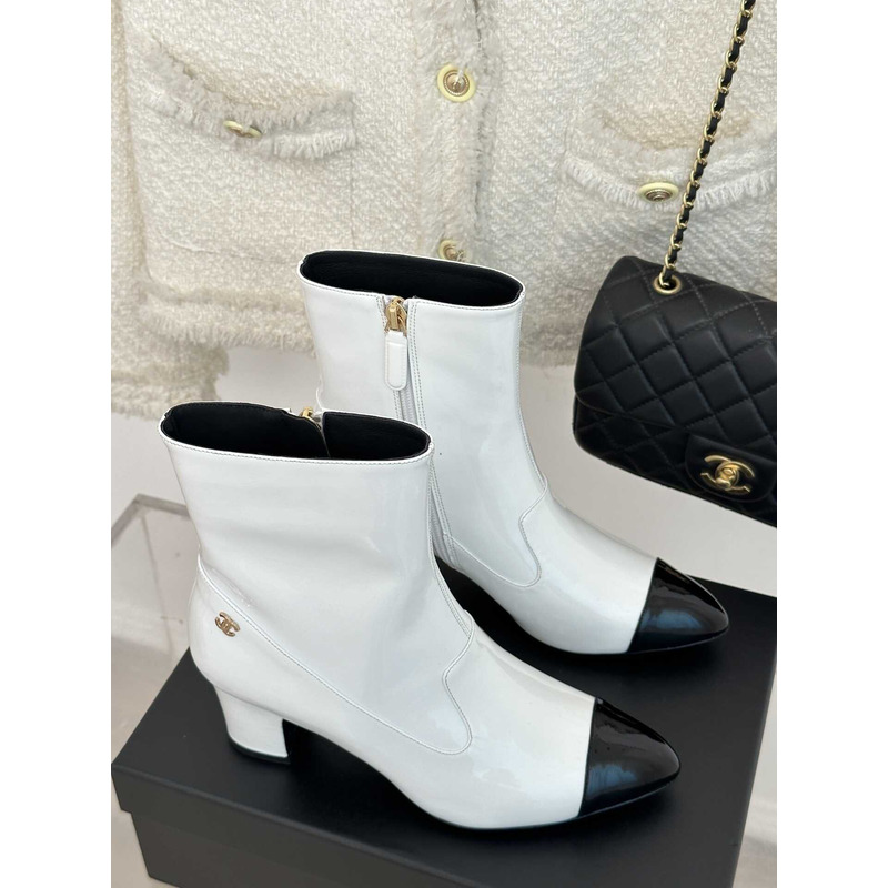 Ch*el short boots patent calfskin white and black