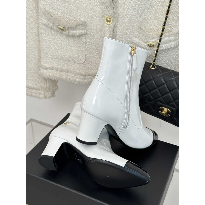 Ch*el short boots patent calfskin white and black