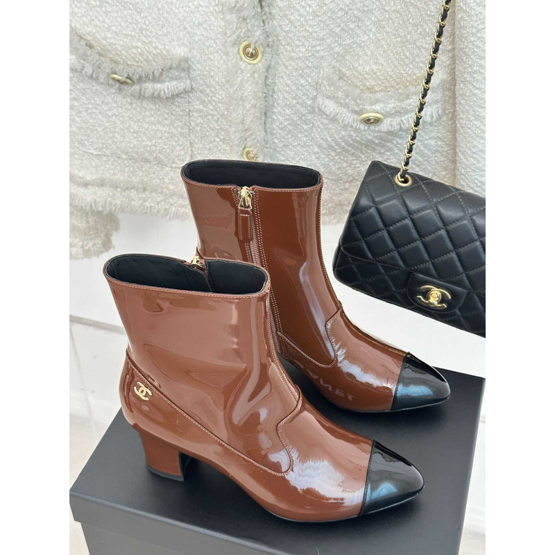 Ch*el short boots patent calfskin brown