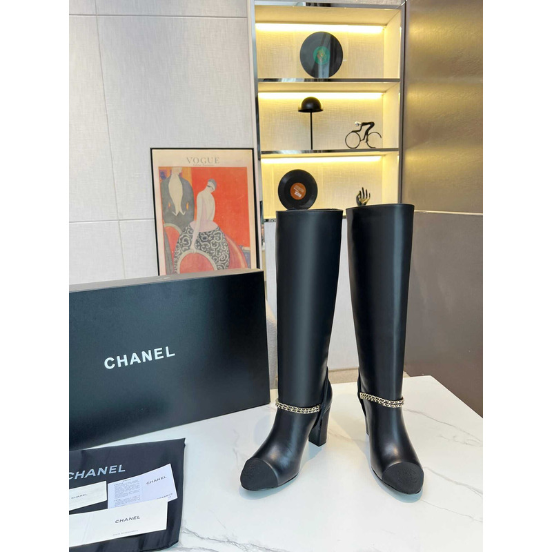 Ch*el high boots leather & metal black