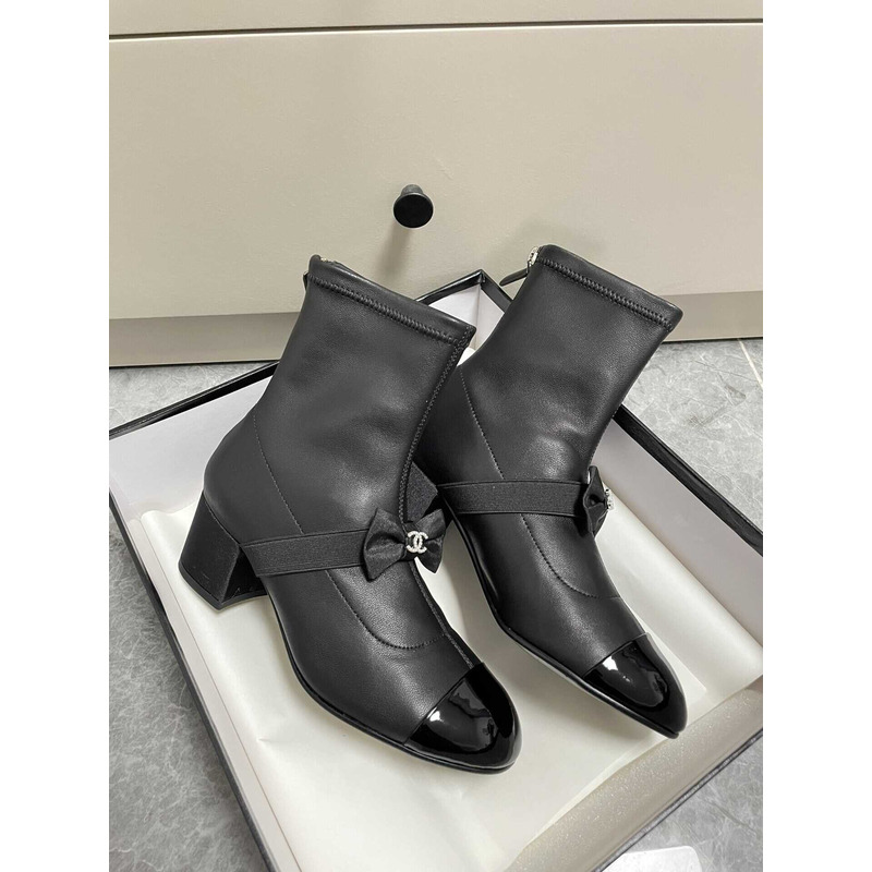 Ch*el short boots stretch lambskin & patent calfskin black