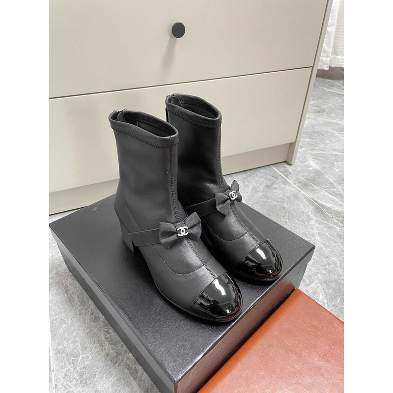 Ch*el short boots stretch lambskin & patent calfskin black