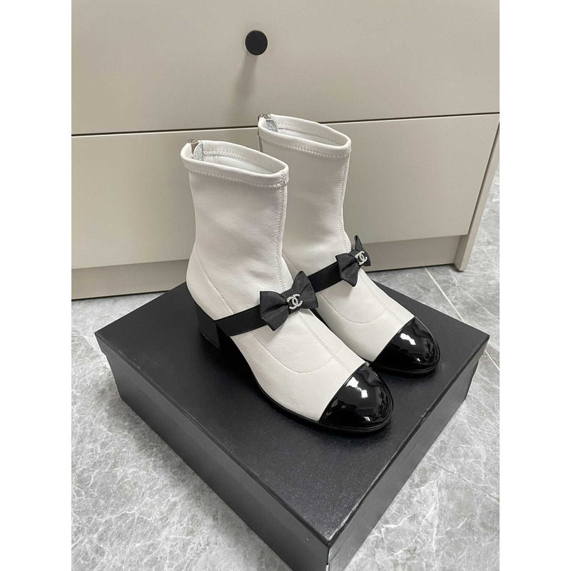 Ch*el short boots stretch lambskin & patent calfskin white