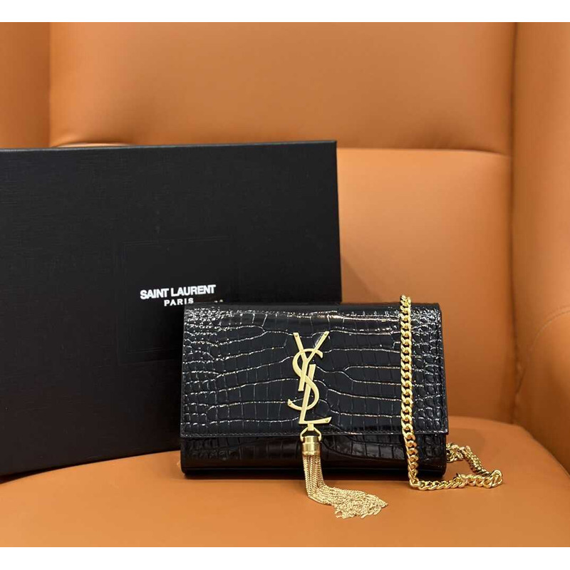 Saint Laurent Small Kate Crocodile-Embossed Leather Shoulder Bag With Tassel