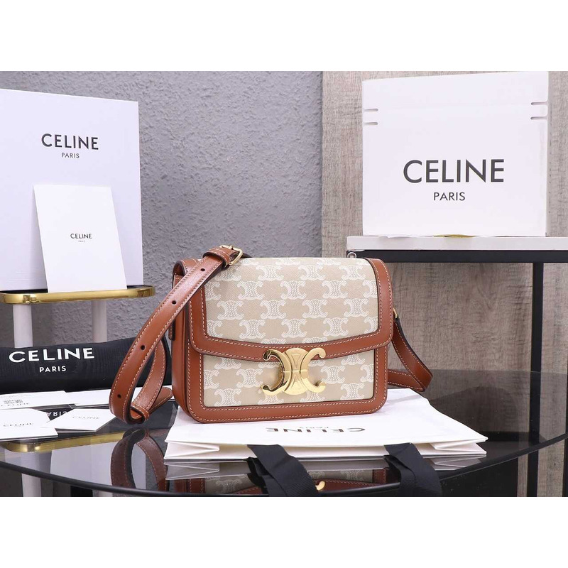 Ce**e teen triomphe bag in logo print calfskin beige brown