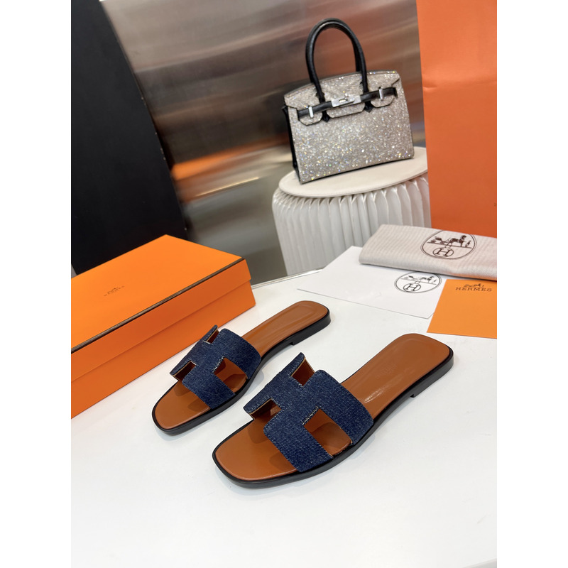 H**mes oran cloth sandal brwon and jeans blue