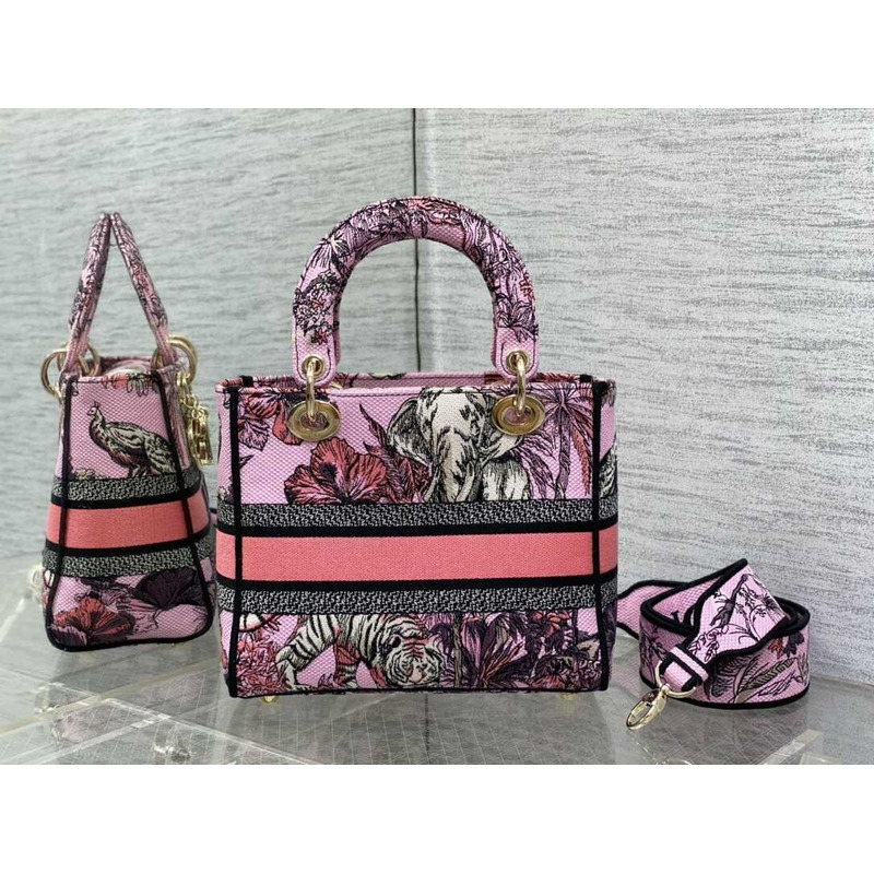 D*or medium lady d-lite bag pink multicolor toile de jouy voyage embroidery