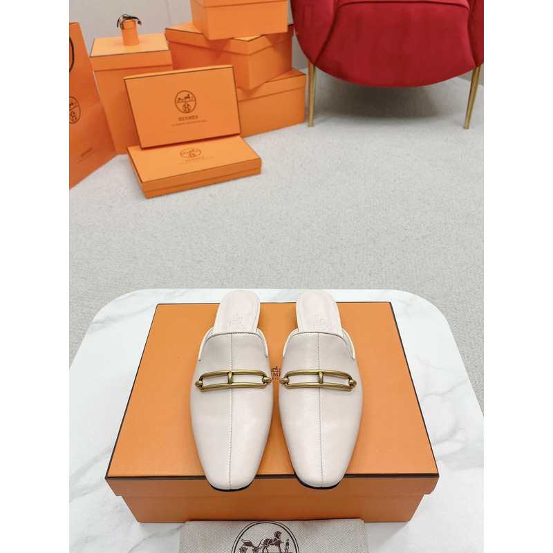 H**mes women\''s shoes kelly buckle oz muller shoes loafers half slippers white