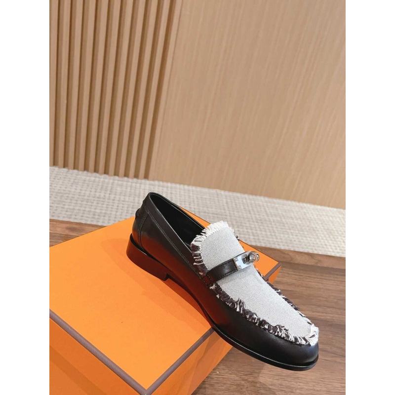 H**mes destin loafer calfskin and fringed canvas white/black