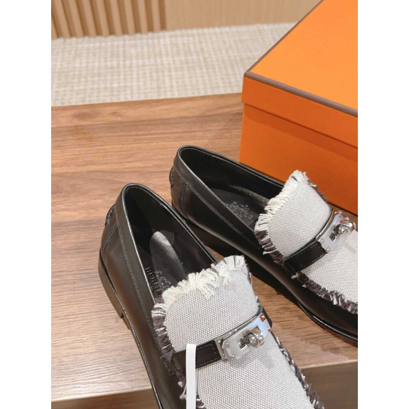 H**mes destin loafer calfskin and fringed canvas white/black