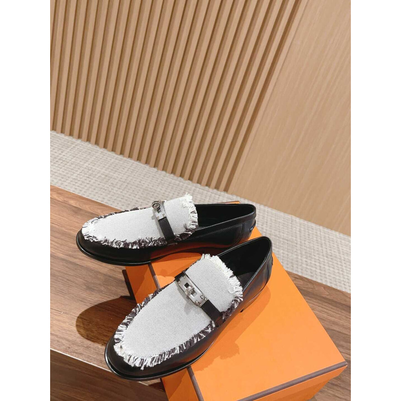 H**mes destin loafer calfskin and fringed canvas white/black