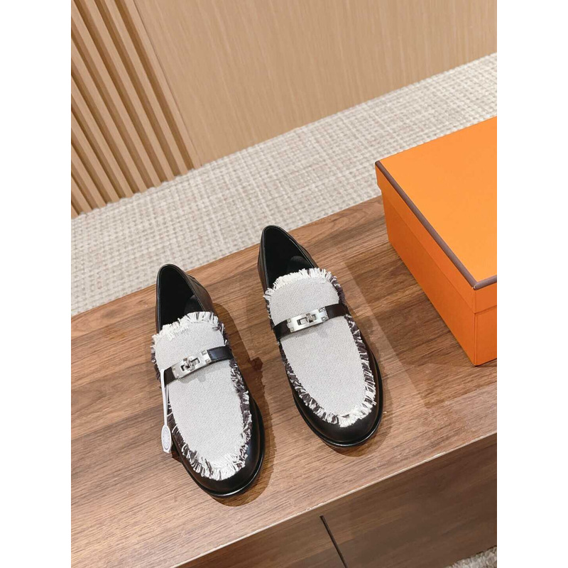 H**mes destin loafer calfskin and fringed canvas white/black