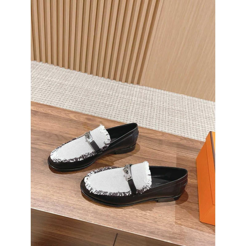 H**mes destin loafer calfskin and fringed canvas white/black