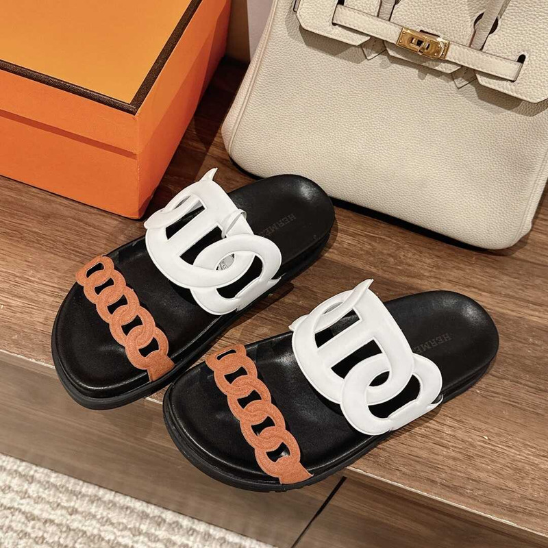 H**mes extra sandals white brown and black