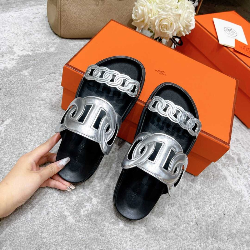 H**mes extra sandals silver and black