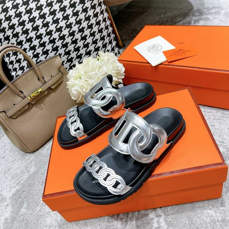 H**mes extra sandals silver and black