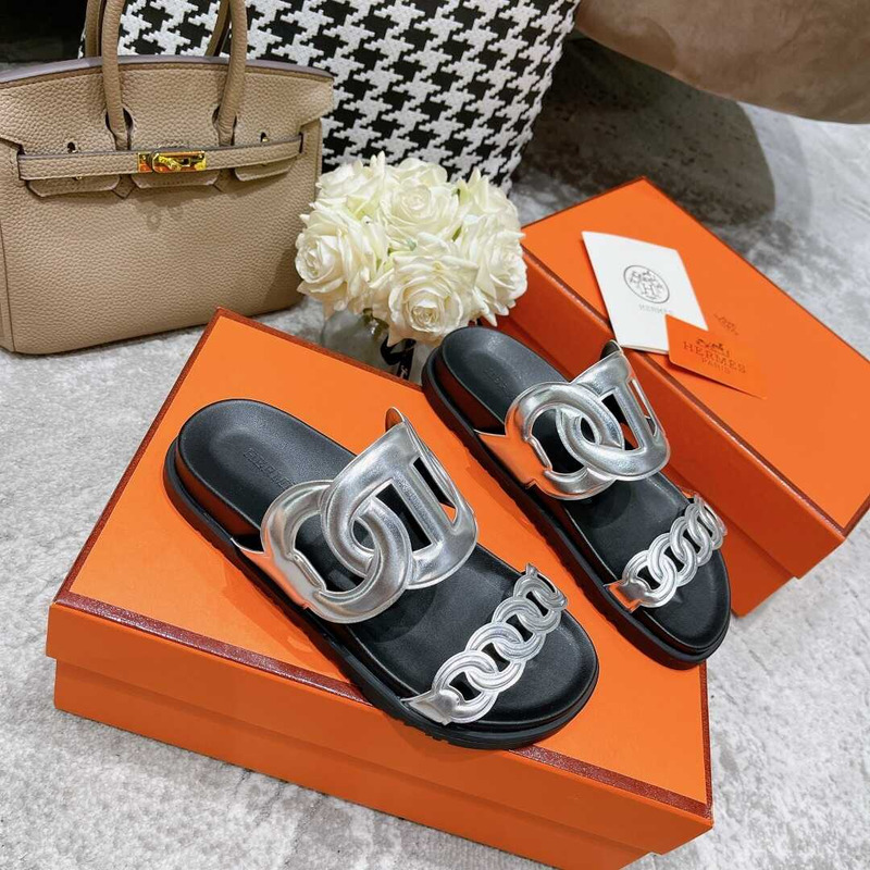 H**mes extra sandals silver and black