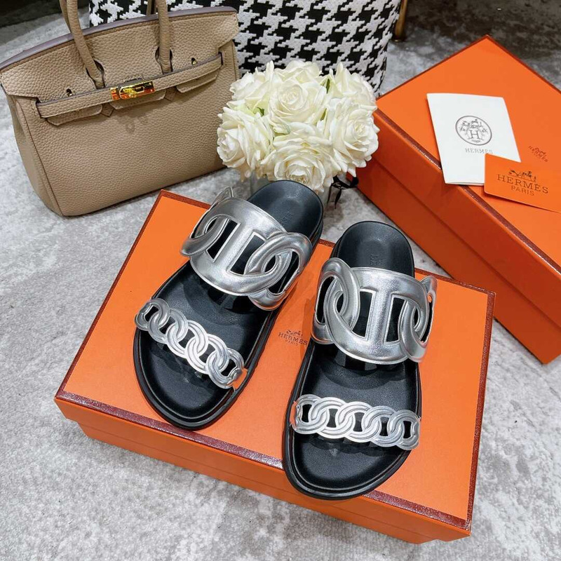 H**mes extra sandals silver and black