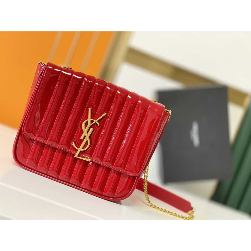 Saint Laurent Red \''Vicky\'' Monogram Shoulder Bag Patent leather