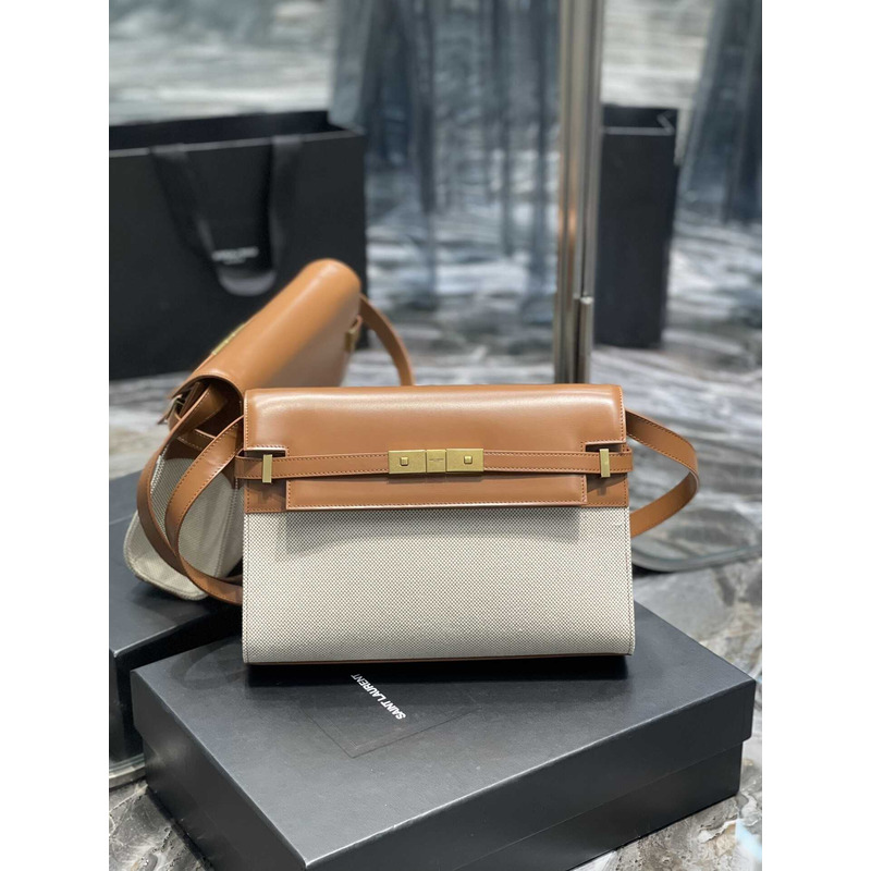 Saint Laurent  Manhattan Leather Shoulder Bag Brown And White