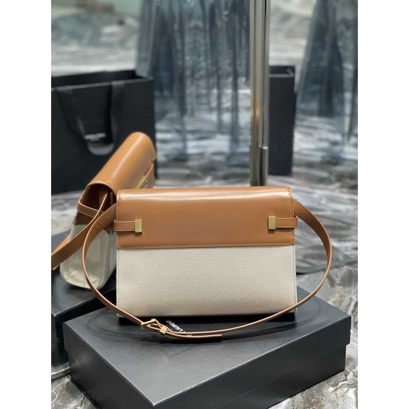 Saint Laurent  Manhattan Leather Shoulder Bag Brown And White