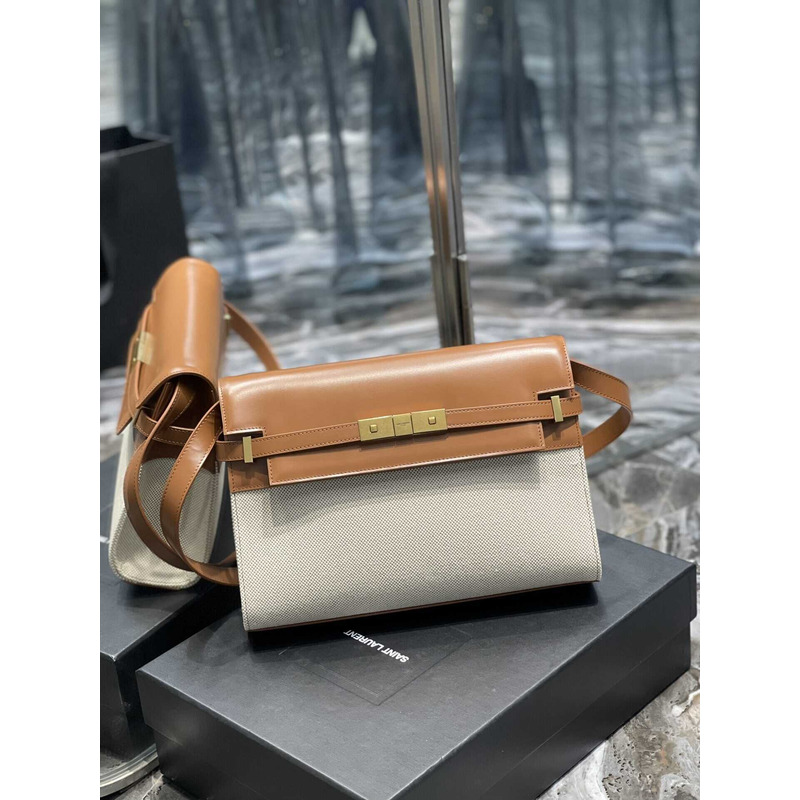 Saint Laurent  Manhattan Leather Shoulder Bag Brown And White