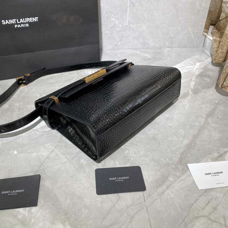 Saint Laurent Manhattan Leather Shoulder Bag Crocodile Embossed Shiny Leather Black