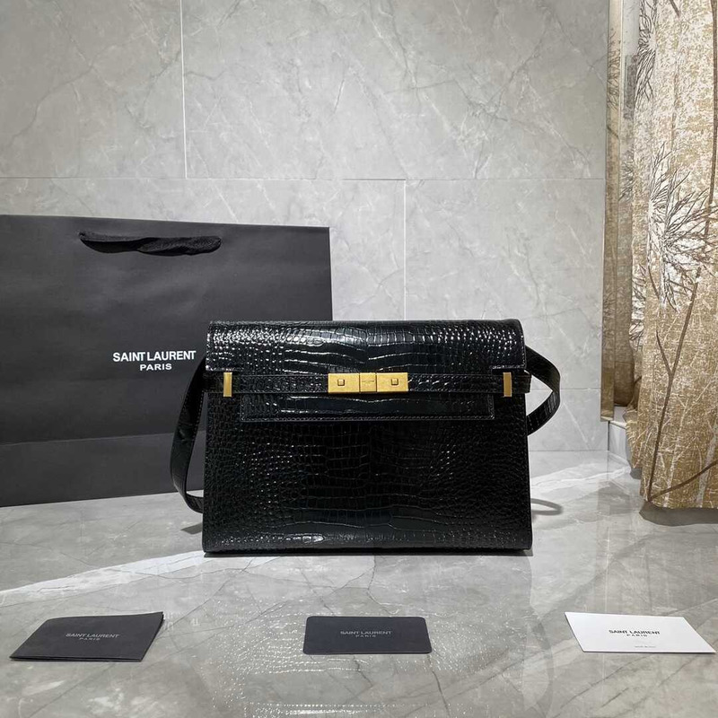 Saint Laurent Manhattan Leather Shoulder Bag Crocodile Embossed Shiny Leather Black