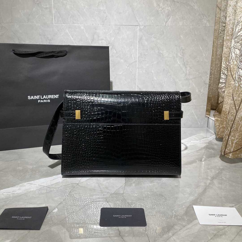 Saint Laurent Manhattan Leather Shoulder Bag Crocodile Embossed Shiny Leather Black