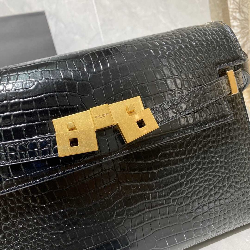 Saint Laurent Manhattan Leather Shoulder Bag Crocodile Embossed Shiny Leather Black