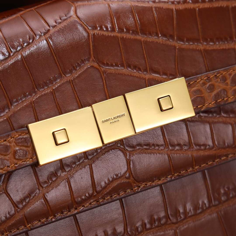 Saint Laurent Manhattan Leather Shoulder Bag Crocodile Embossed Shiny Leather Brown