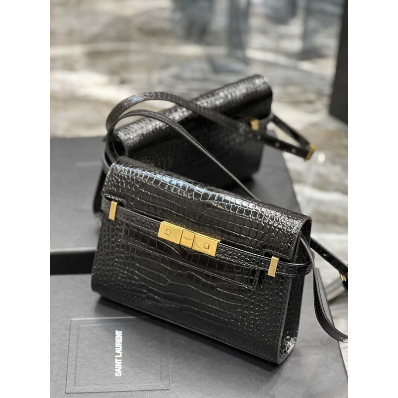 Saint Laurent Manhattan Leather Shoulder Bag Crocodile Embossed Shiny Leather Black