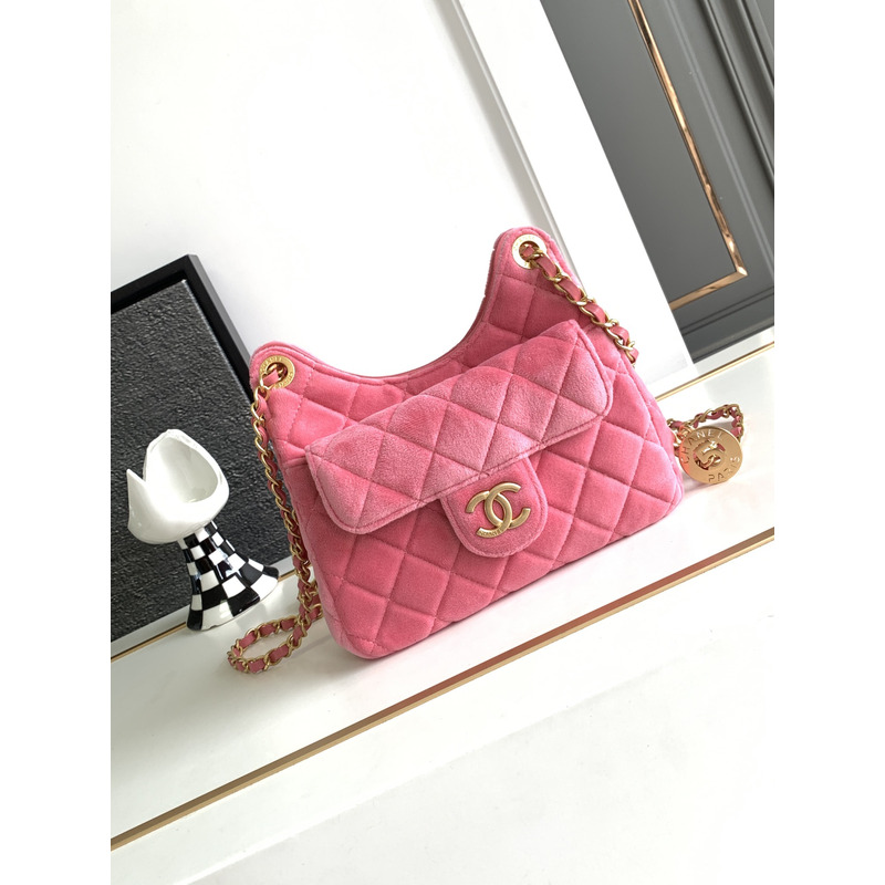 Ch*el small hobo bag velvet&gold tone metal pink