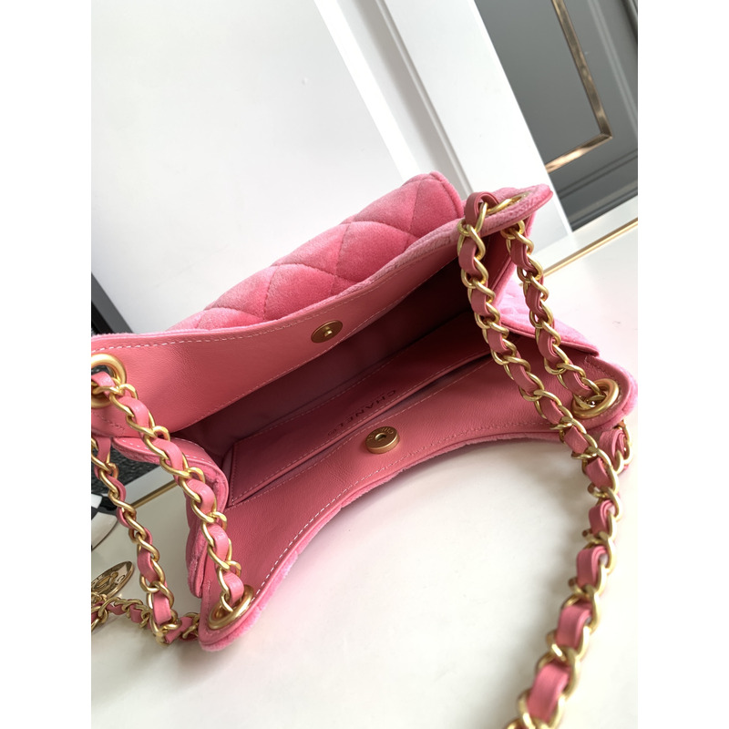 Ch*el small hobo bag velvet&gold tone metal pink