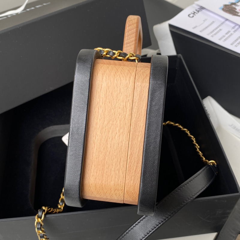 Ch*el vanity case beech wood&leather black and beige